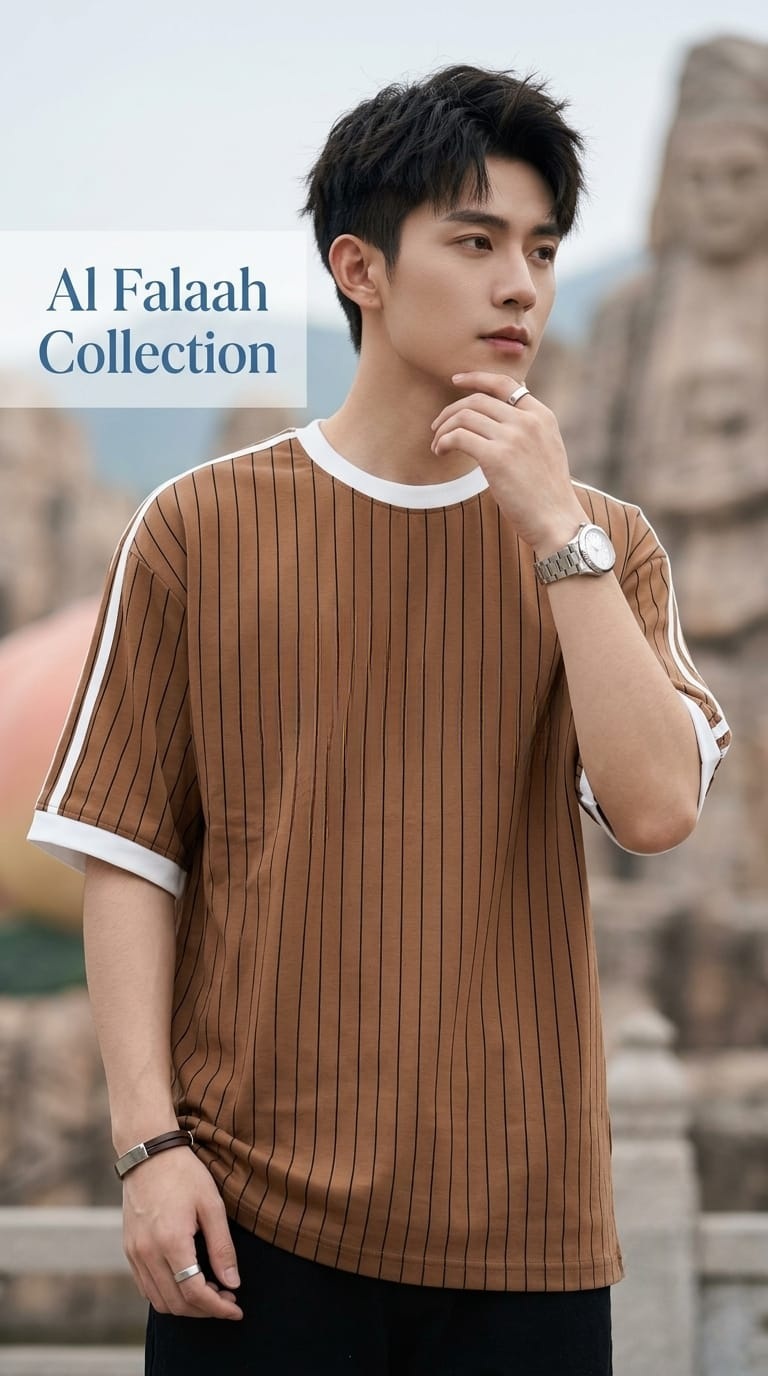 Vertical Ribbed Contrast Neck T-Shirt